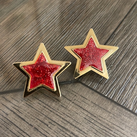 Vintage 1980’s Style Gold-tone Stars with Red Glitter - Picture 3 of 15